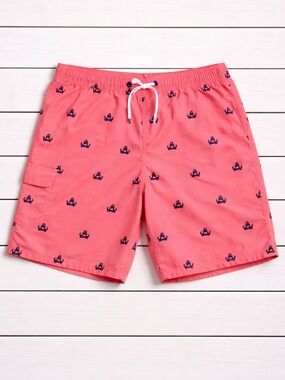 Men's Coral Anchor-Print Swim Trunks with Drawstring Waist
